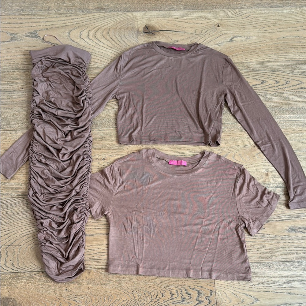 Women's Cropped 3 Piece Short and Long Sleeve Tee + Ruched Maxi Skirt